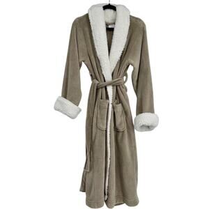Pottery Barn Women’s Robe Small Taupe Plush White Sherpa Trim Full Length Belted